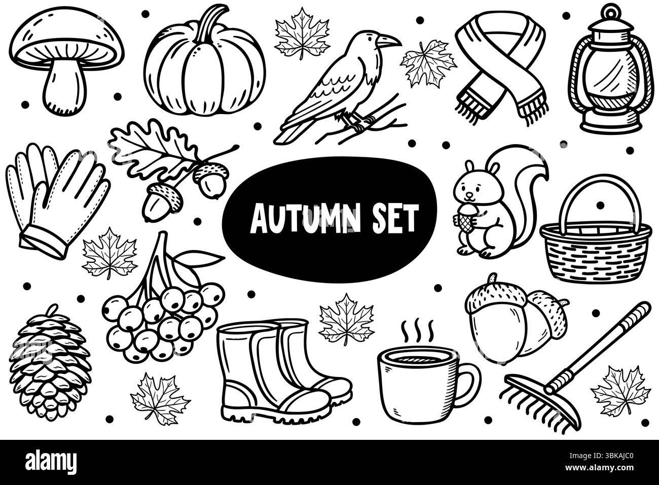 Eine Sammlung herbstlicher Illustrationen, darunter Kürbis, Eichhörnchen, Handschuhe, Stiefel, und Blätter. Das Design ist saisonabhängig Stock Vektor