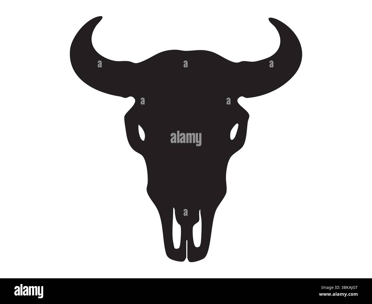 Schwarze Silhouette eines Büffel- oder Yakschädels mit breiten gebogenen Hörnern, isoliert auf weißem Hintergrund, grafische Illustration. Das Konzept des Wildtierskeletts Stock Vektor