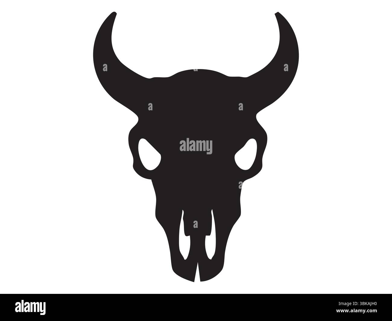 Schwarze Silhouette eines Büffelschädels mit großen gebogenen Hörnern, isoliert auf weißem Hintergrund, grafische Illustration. Das Konzept des Wildtierskeletts, West Stock Vektor