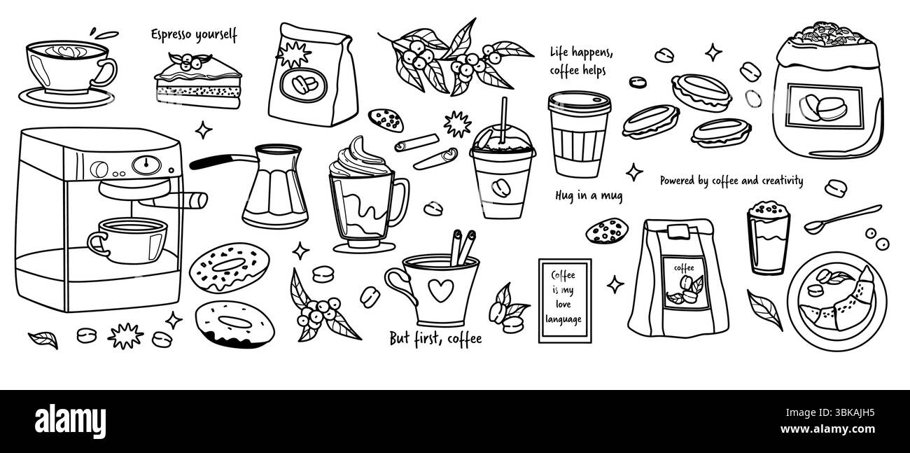 Illustration des Kaffeesets mit Tassen, Kaffeebohnen und inspirierenden Zitaten für das Café-Dekor. Stock Vektor