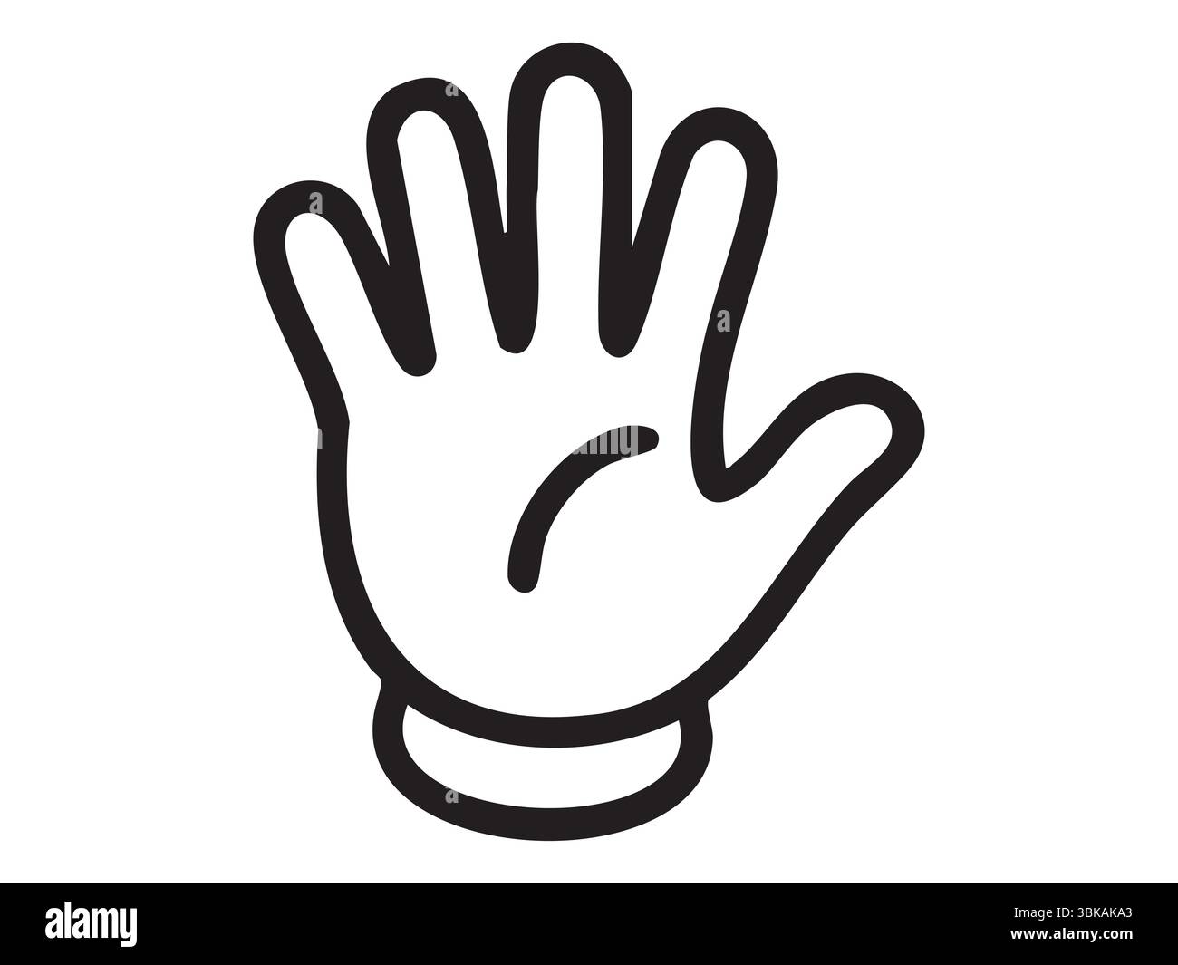 Schwarzes Symbol für geöffnete Hand mit gespreizten Fingern auf weißem Hintergrund. Konzept der erhobenen Hand, Begrüßungssignal, Aufmerksamkeitsanfrage, Liebling Stock Vektor