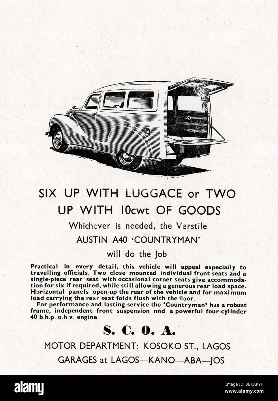 Eine Anzeige für S.C.O.A in Kosoko Street, Lagos und eine Illustration eines Austin A40 Countryman Fahrzeugs. Aus einem gedruckten Beispiel, das im Nigeria Police HQ in Lagos, im Nigeria Police Magazine, vom Dezember 1948 bis 1950 veröffentlicht wurde. Stockfoto