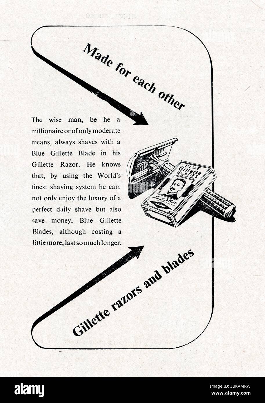 Werbung für Gillette Blue Klingen mit einer Illustration eines Pakets mit Klingen und einem Rasierer: Für einander gemacht, Gillette Rasierer und Klingen. Aus einem gedruckten Beispiel, das im Nigeria Police HQ in Lagos, im Nigeria Police Magazine, vom Dezember 1948 bis 1950 veröffentlicht wurde. Stockfoto