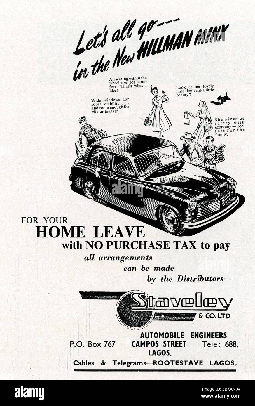 Werbung für Staveley & Co. Ltd, von Lagos, Händler des „New Hillman Minx“, eines Familienwagens, das in der Werbung dargestellt wird. Aus einem gedruckten Beispiel, das im Nigeria Police HQ in Lagos, im Nigeria Police Magazine, vom Dezember 1948 bis 1950 veröffentlicht wurde. Stockfoto
