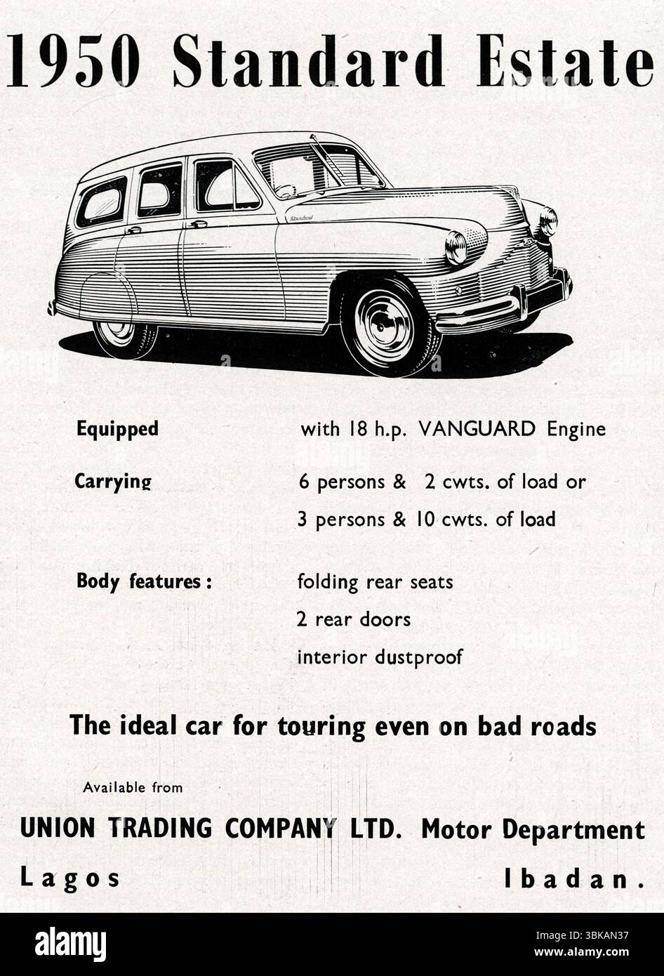 Werbung für die Union Trading Company Ltd, Motor Department (Lagos und Ibadan), mit einer Illustration des 1950 Standard Estate Motorwagens, ausgestattet mit einer 18h.P. Avantgarde-Motor. Aus einem gedruckten Beispiel, das im Nigeria Police HQ in Lagos, im Nigeria Police Magazine, vom Dezember 1948 bis 1950 veröffentlicht wurde. Stockfoto