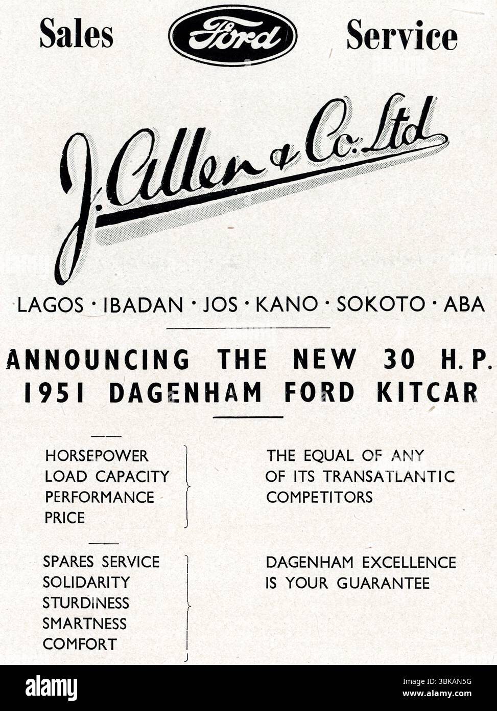 Ankündigung des neuen 30 PS 1951 Dagenham Ford Kitcar: Werbung für J. Allen & Co. Ltd., die Verkauf und Service für Ford Fahrzeuge in Lagos und anderen Bezirken erbrachte. Aus einem gedruckten Beispiel, das im Nigeria Police HQ in Lagos, im Nigeria Police Magazine, vom Dezember 1948 bis 1950 veröffentlicht wurde. Stockfoto