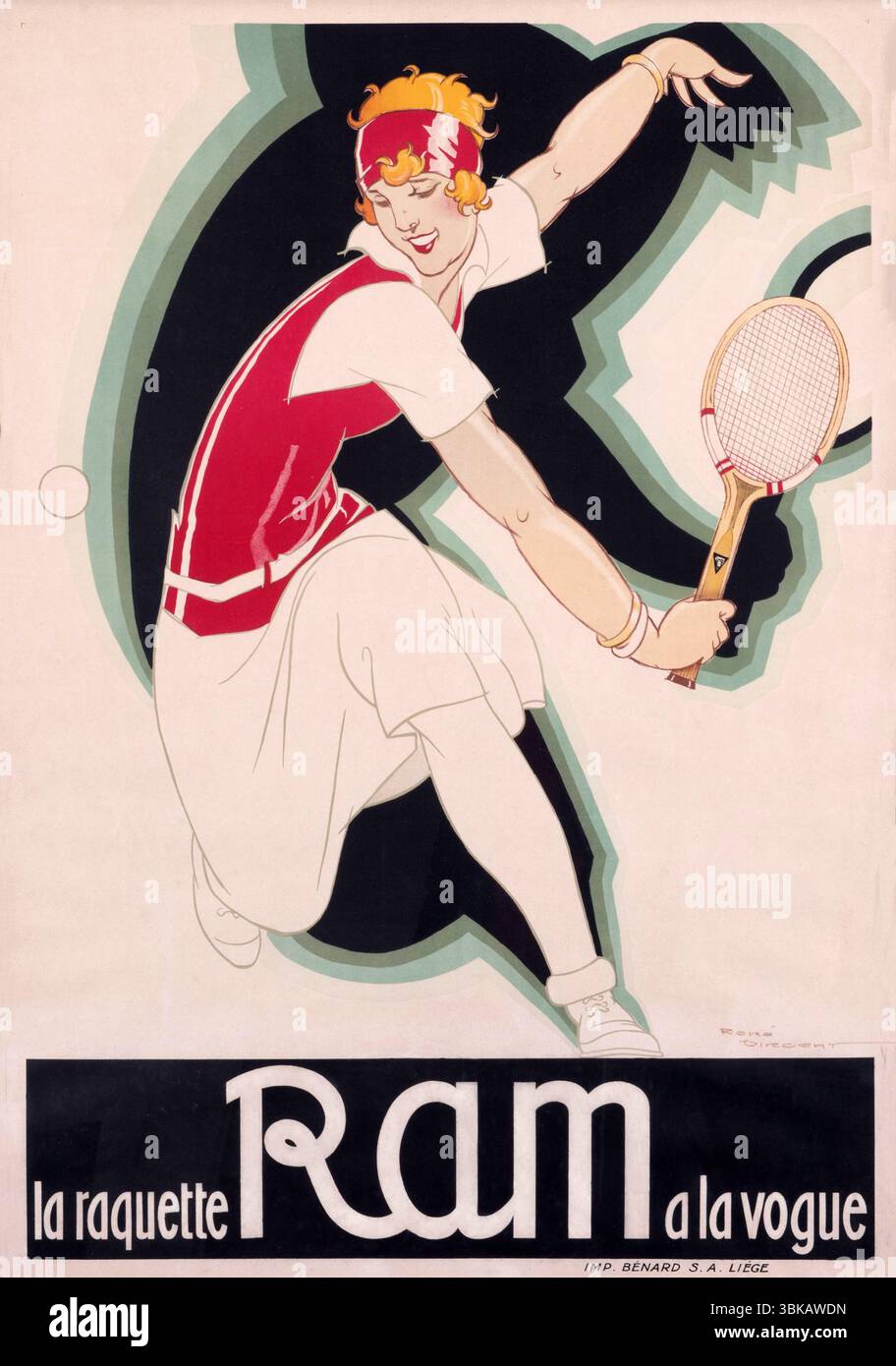 Vintage-Tennis-Werbeplakat, Frankreich, La Raquette RAM, von Rene Vincent. 1920er Jahre Stockfoto Vintage-Tennis-Werbeplakat, Frankreich, La Raquette RAM, von Rene Vincent. 1920er Jahre Stockfoto