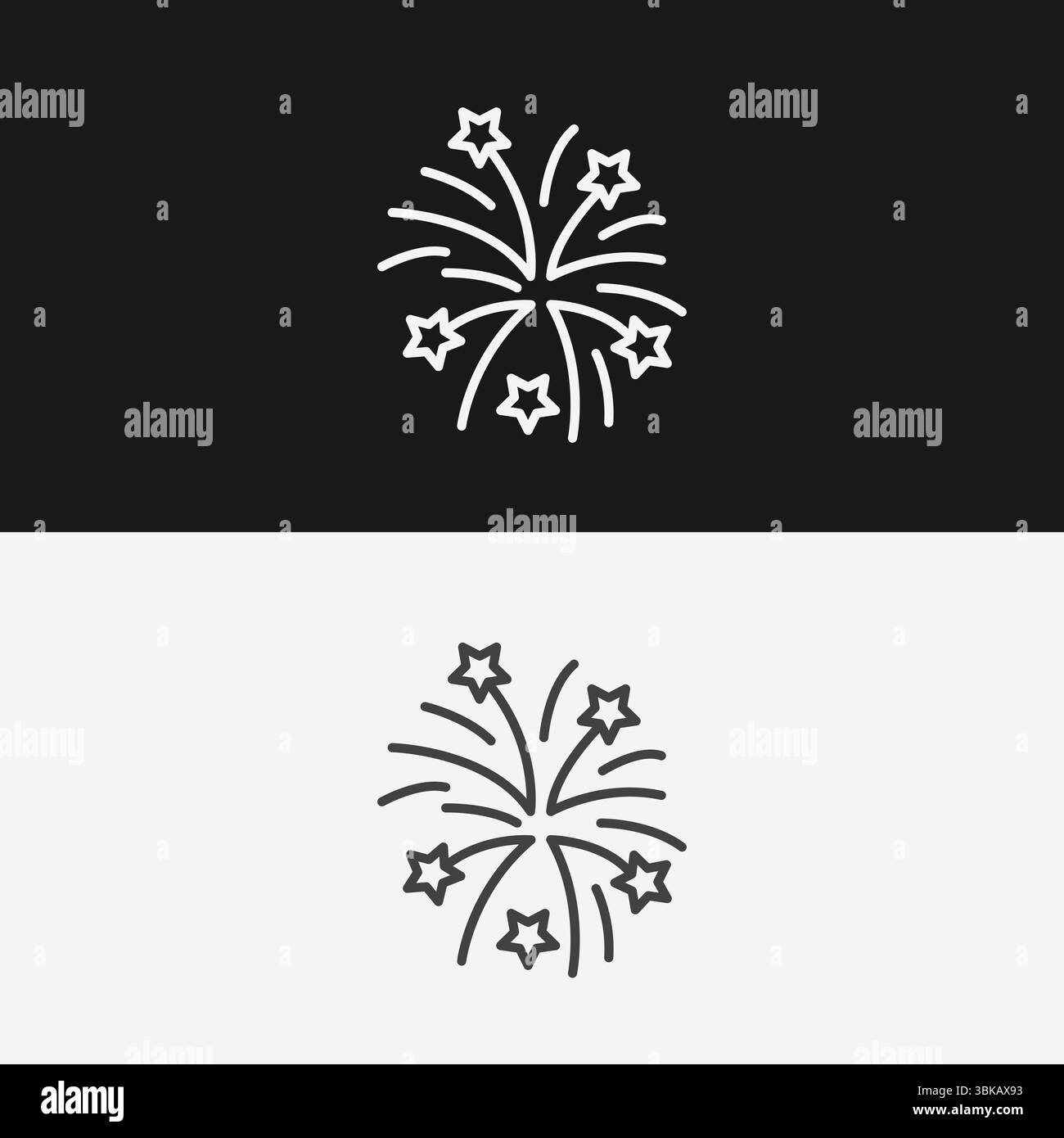 Feuerwerk mit Sternen und Glitzern auf Schwarz-weiß-Hintergrund, das Feier oder Explosionen darstellt, Symbol der weißen Umrisse Stock Vektor
