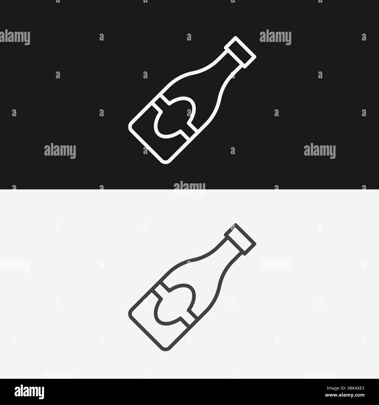 Alkoholflasche oder Getränkeflasche auf schwarzem und weißem Hintergrund, die Getränke oder Feier darstellen, weißes Umrisssymbol Stock Vektor