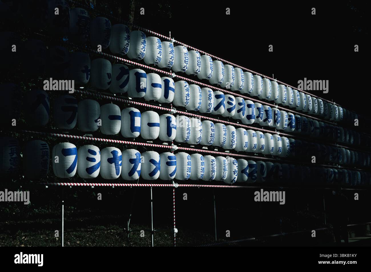 Von Laternen gesäumter Pfad durch Meiji Jingus bewaldetes Gelände, mit handgeschriebenen blauen Zeichen, die jedes Licht zieren Stockfoto