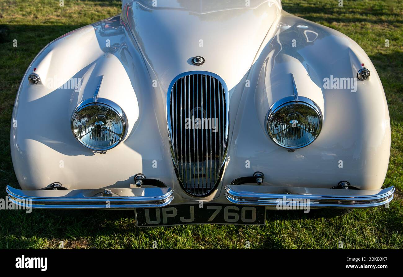 Vorderansicht eines klassischen Jaguar XK-Oldtimers mit markanten Scheinwerfern und markantem Kühlergrill an einem sonnigen Tag, an dem Poulshot Oldtimer zusammentreffen Stockfoto