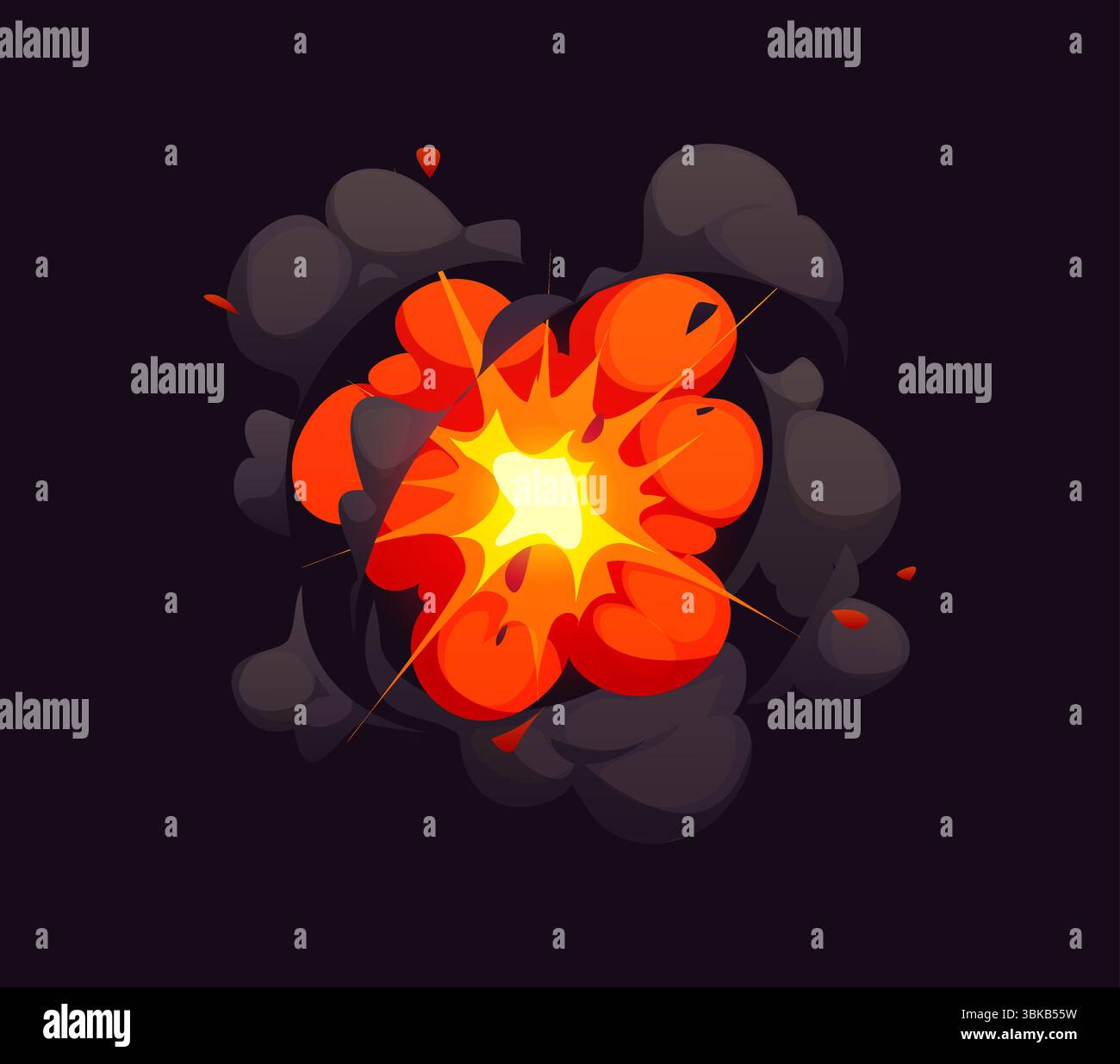 Comic-Bombenexplosion, Comic-Feuer und Rauch-Boom-Wolke. Vektor leuchtendes Orange und Gelb, Explosionsangriff auf Dynamit, dynamischer atomarer Kriegseinschlag umgeben von schwarzen Rauchwolken Stock Vektor