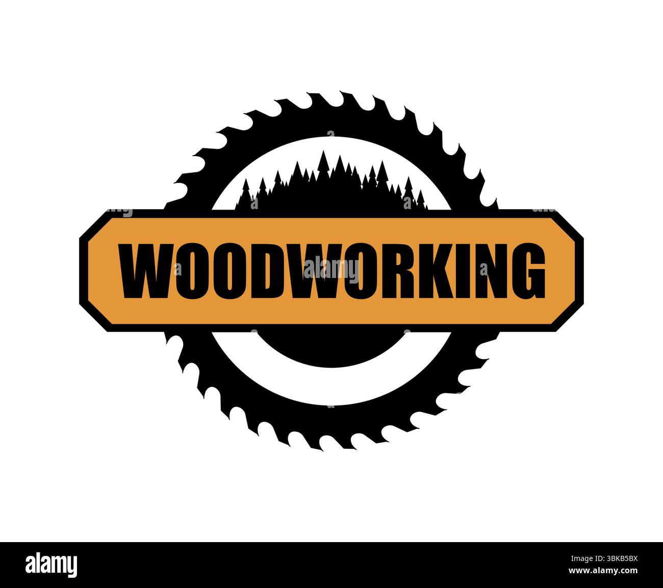 Holzbearbeitung Tischlerei Symbol von Sägeblatt und Waldbäumen für Tischlerei Service, Vektor-Emblem. Holzhandwerker und Holzmöbel Werkstatt Ikone des Sägewerks Klingenkreises und Waldbaumsilhouette Schild Stock Vektor