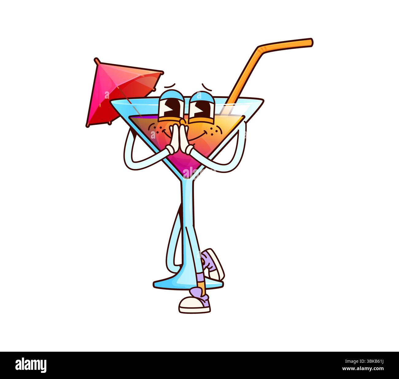 Cocktail Drink Glas Cartoon groovige lustige Figur. Margarita Sommergetränk Dreieck Glas Cartoon nette Persönlichkeit, tropische Cocktail Getränk isolierter Vektor grooviger Charakter mit Strohhalm und Schirm Stock Vektor