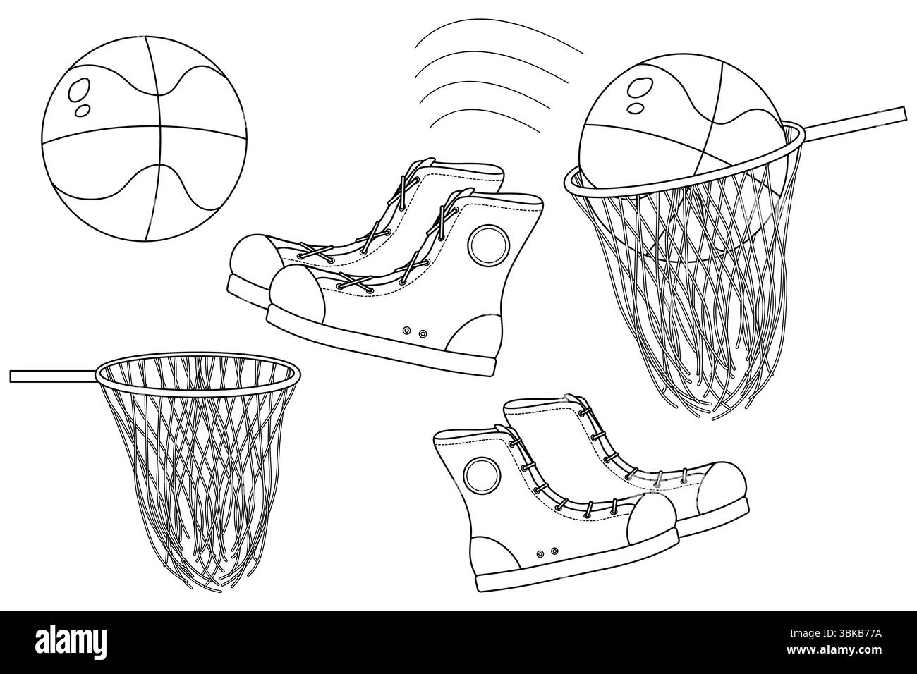 Ausmalseite mit Umrissvektorzeichnung von Basketball Set von Bälle, Basketballkörben und Turnschuhen. Zur Unterhaltung von Aktivitäten für Kinder, zurück in die Schule oder zur Bildung Stock Vektor