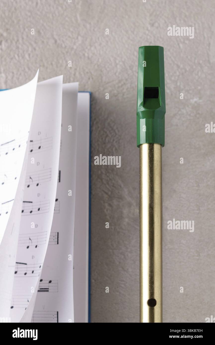 Irische Penny Pfeife und Notizen auf einem hellen strukturierten Hintergrund, Nahaufnahme Stockfoto
