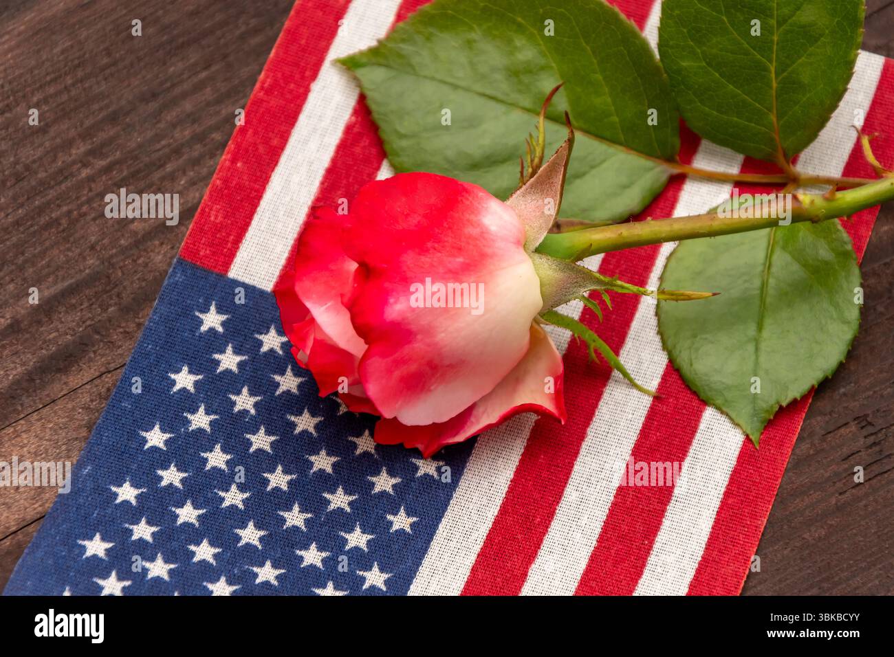 Nahaufnahme einer roten Rose, die auf der Flagge der Vereinigten Staaten von Amerika ruht, vor dunklem Holzhintergrund. Das Bild symbolisiert Erinnerung, Re Stockfoto