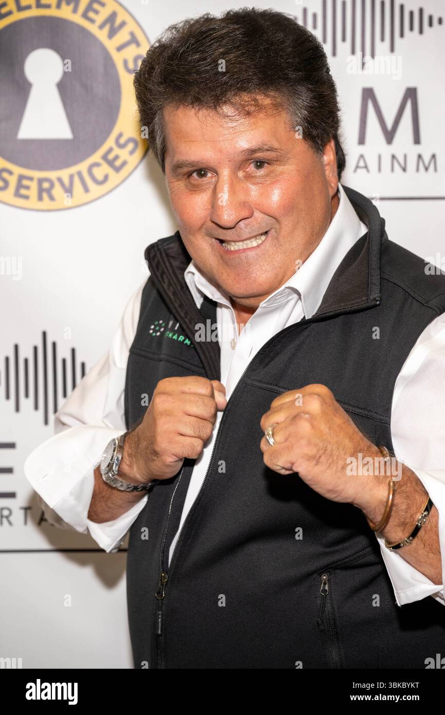 Los Angeles, Usa. Juni 2025. Schauspieler/ehemaliger Boxer Alan Santana nimmt an der Key Elements PR und KEMG Entertainment Präsentation 2025 Retro Rollerskating und Rucksack Drive auf dem Moonlight Rollerway Teil. (Foto: Eugene Powers/SOPA Images/SIPA USA) Credit: SIPA USA/Alamy Live News Stockfoto