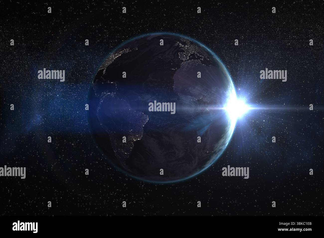 Satellitenansicht der hintergrundbeleuchteten Erde Stockfoto