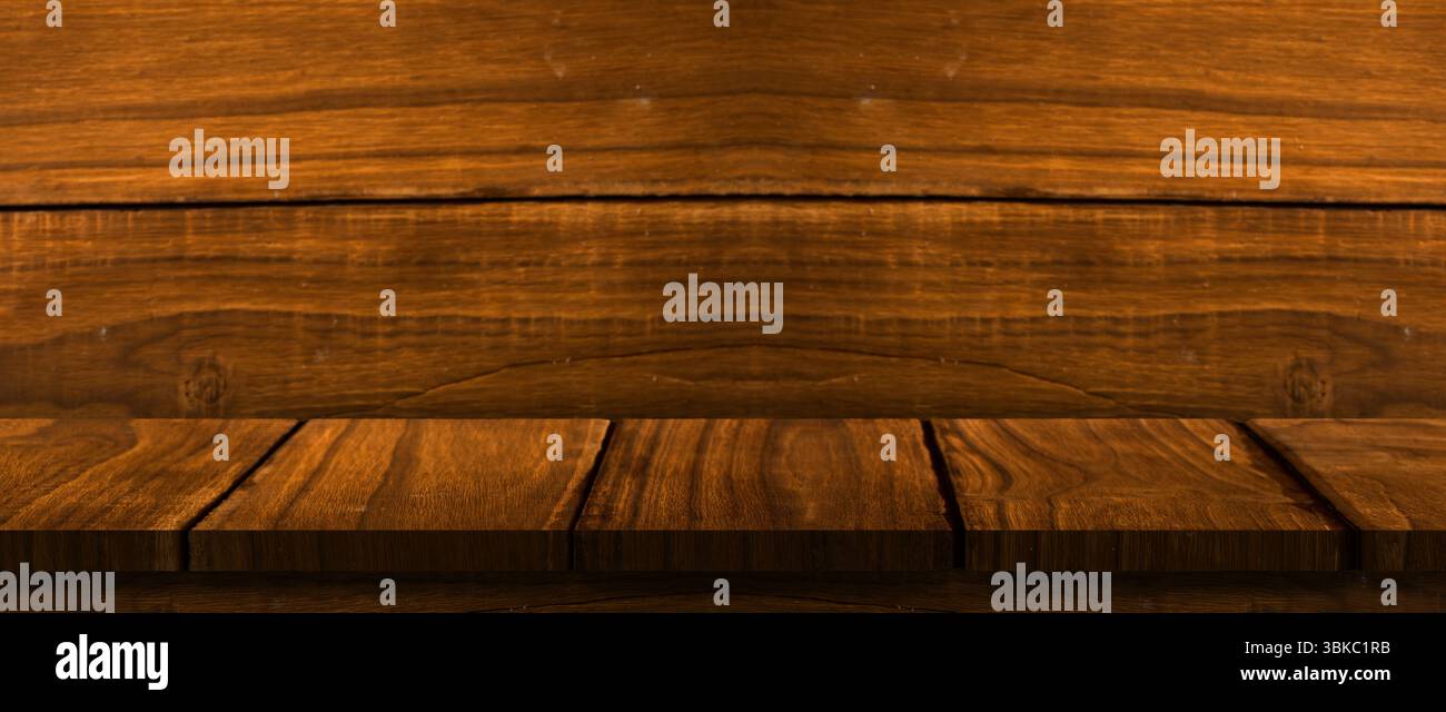 Rustikale Holzoberflächen mit flacher Holzdiele im Hintergrund mit kräftiger brauner Maserung Stockfoto