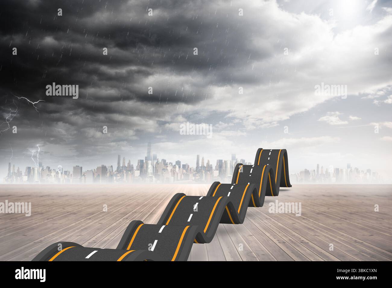 Das flache Design zeigt eine gewundene Straße, die auf einer hölzernen Terrasse mit stürmischer Skyline und Blitzen hügelig ist Stockfoto