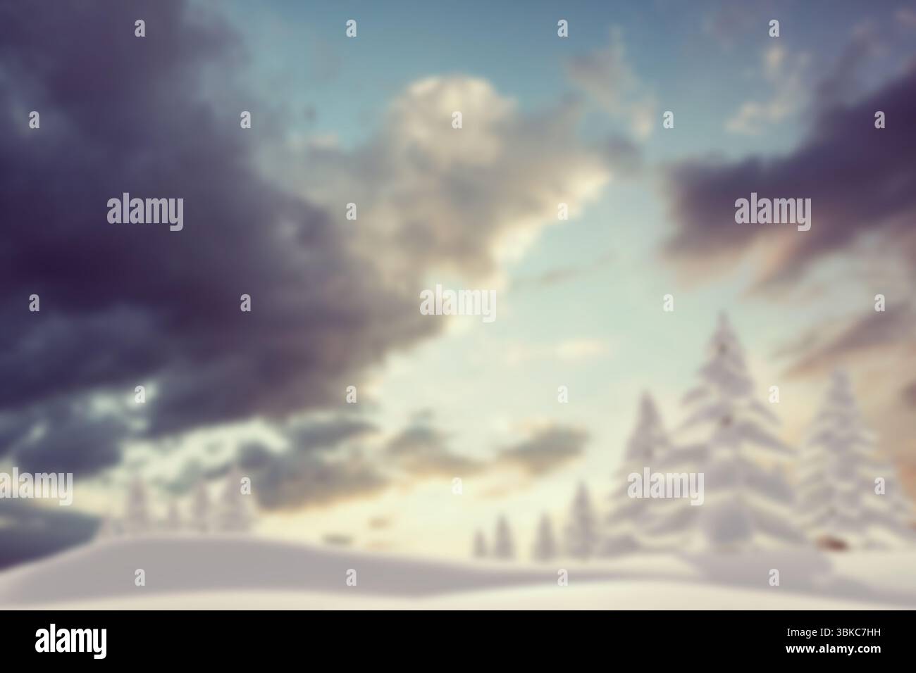 Das flache Design zeigt sanft geschwungene Schneehügel und schneebedeckte Kiefern unter weichen Sonnenbewölkungen Stockfoto