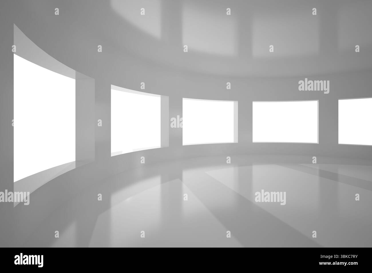 Sechs hohe Fenster überfluten den geschwungenen Galerieraum mit diffusem Licht in flachem Design Stockfoto