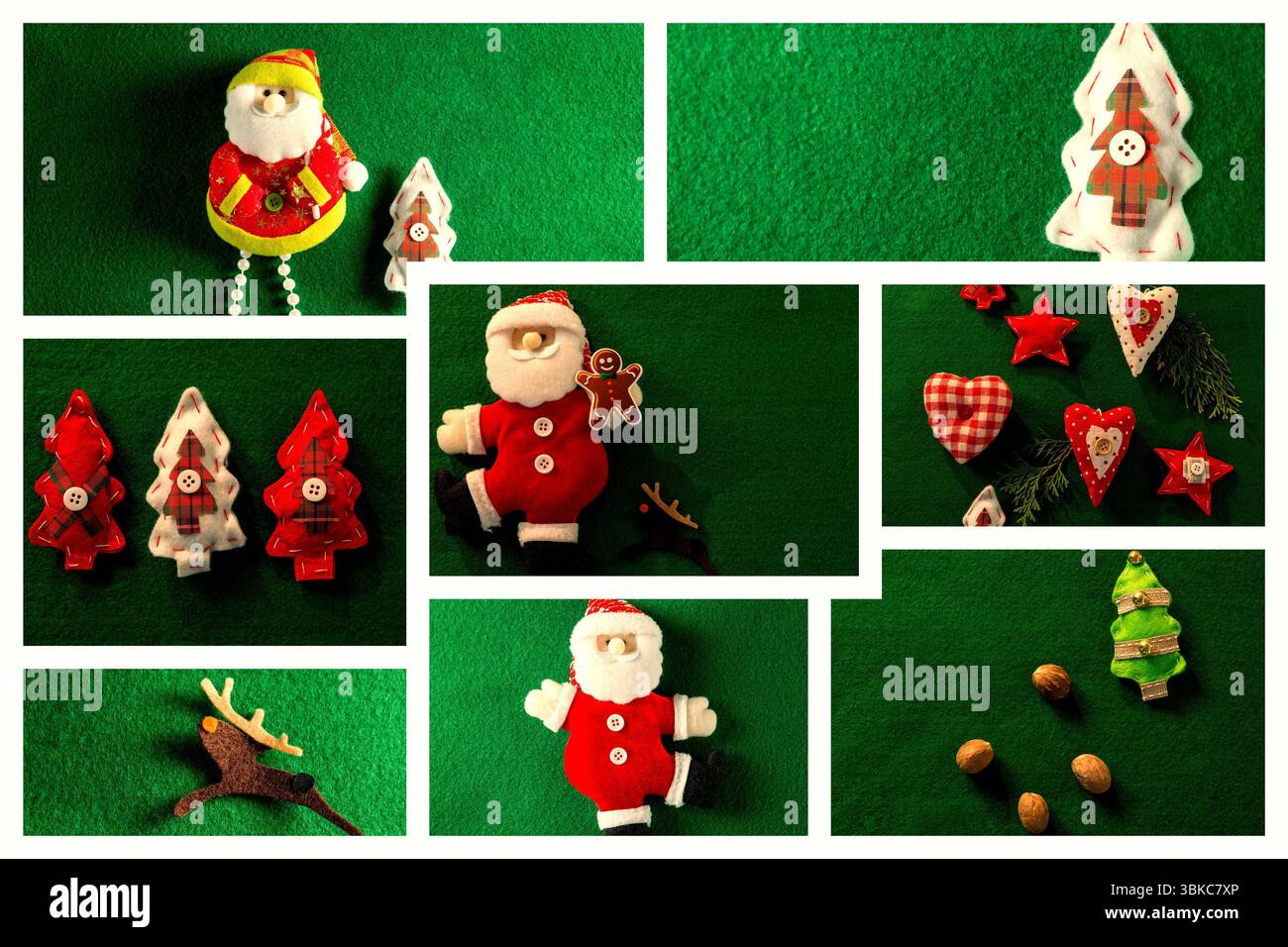 Flache Santa-Puppen, Baumschmuck und Herz-Sterne-Ornamente sind auf grüner Filzmatte angeordnet Stockfoto Flache Santa-Puppen, Baumschmuck und Herz-Sterne-Ornamente sind auf grüner Filzmatte angeordnet Stockfoto