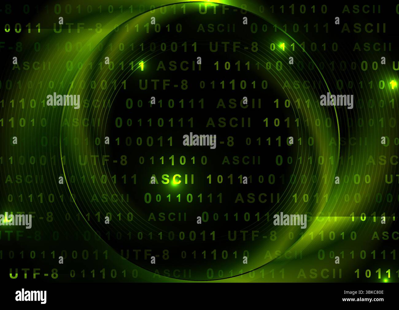 Hellgrüner leuchtender technischer Hintergrund mit Binärcode-Nummern. Vektordesign Stock Vektor