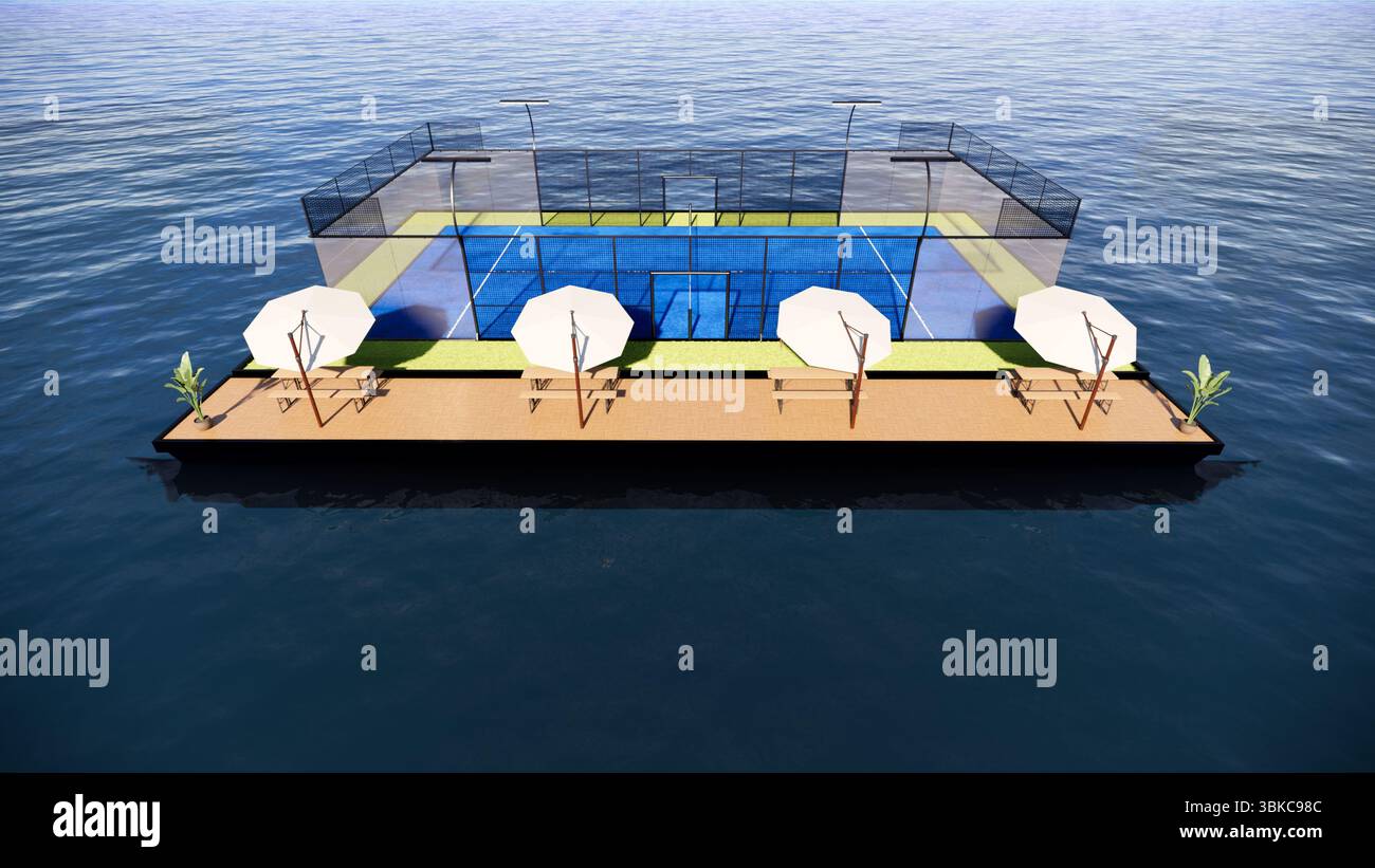 Padel-Tennisplatz-Konzept mit Blick von oben auf das Meer Stockfoto