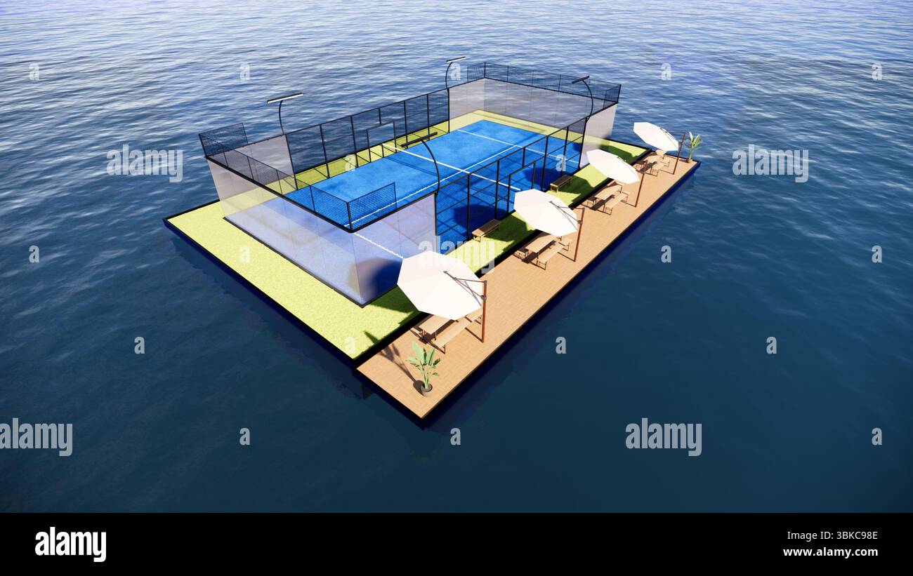 3D-Darstellung des schwimmenden Padel Court auf dem Ozean mit Regenschirmen und Bänken unter dem blauen Himmel Stockfoto