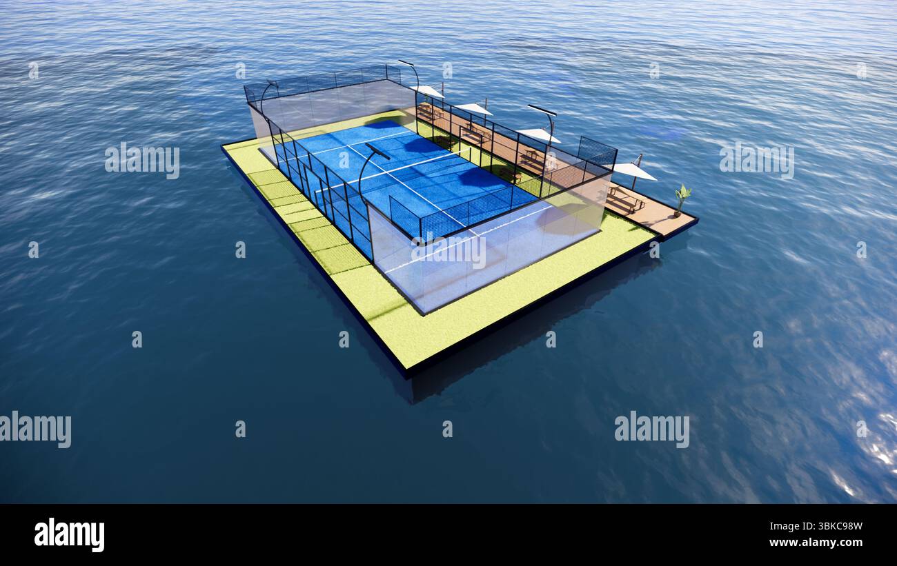 Moderner schwimmender Sportplatz auf Ocean 3D-Visualisierung Stockfoto