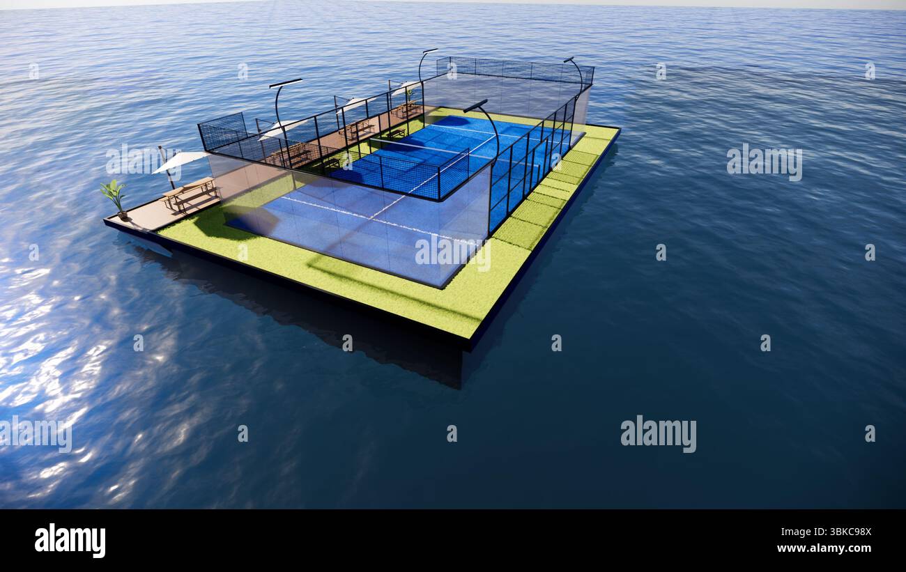3D-Illustration des schwimmenden Padel Tennisplatzes auf dem Meer Stockfoto