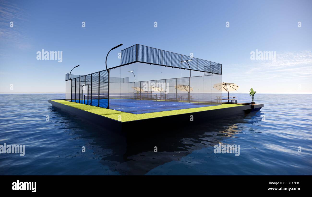 Padel Court Design Over Sea 3D gerendertes Bild Stockfoto