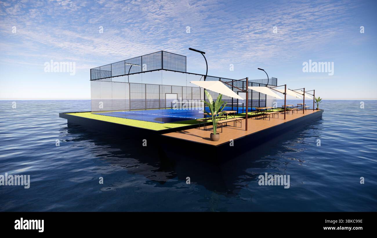 Eckansicht tropischer schwimmender Padel Court mit Bank und Schatten auf Ozean 3D-Rendering Stockfoto