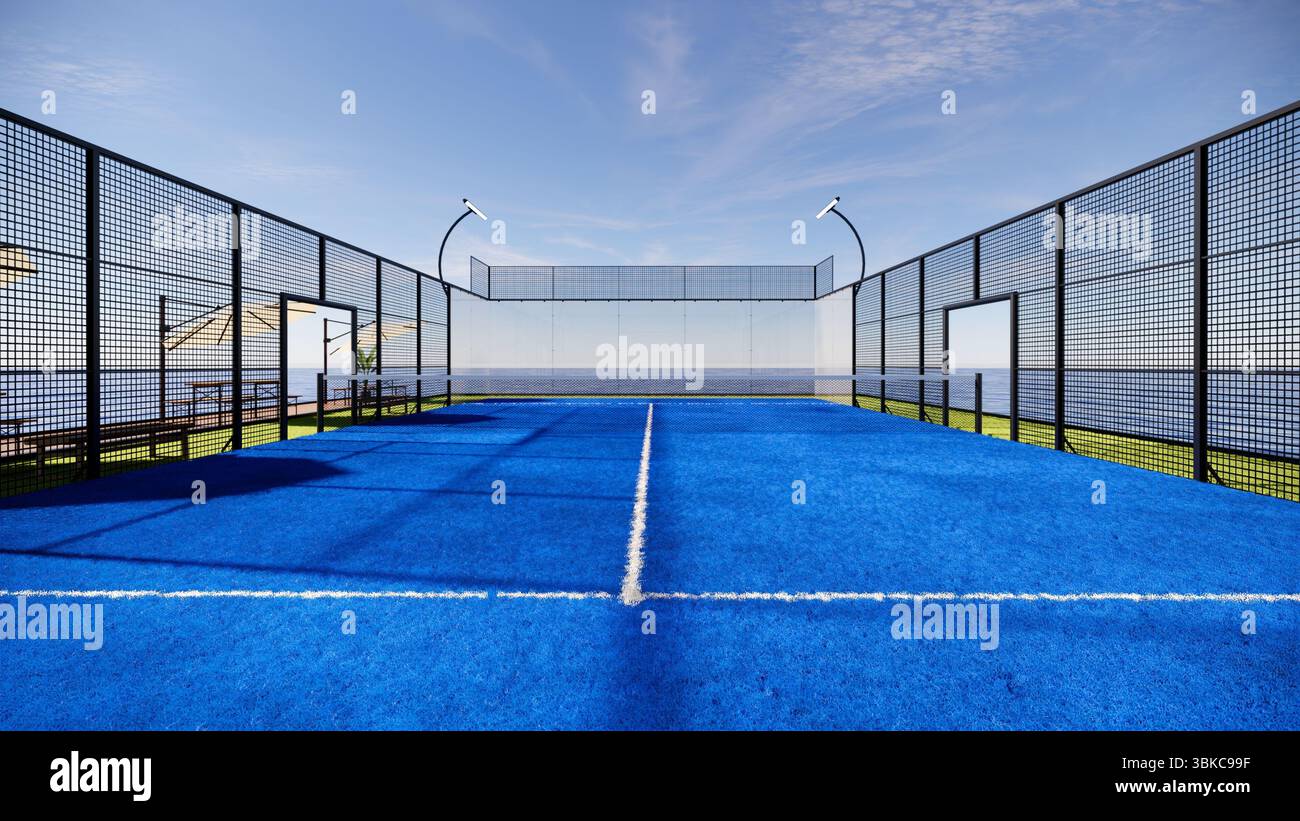 Rückansicht schwimmender Padel Court mit Bank und Schatten auf Ozean 3D-Rendering Stockfoto