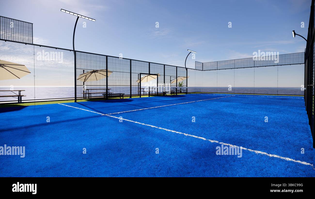 Eckansicht schwimmender Padel Court mit Bank und Schatten auf Meer 3D-Rendering Stockfoto