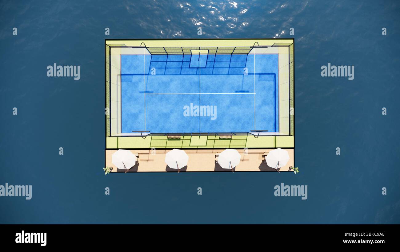 Draufsicht 3D-Illustration des schwimmenden Padel Tennisplatzes auf dem Meer Stockfoto