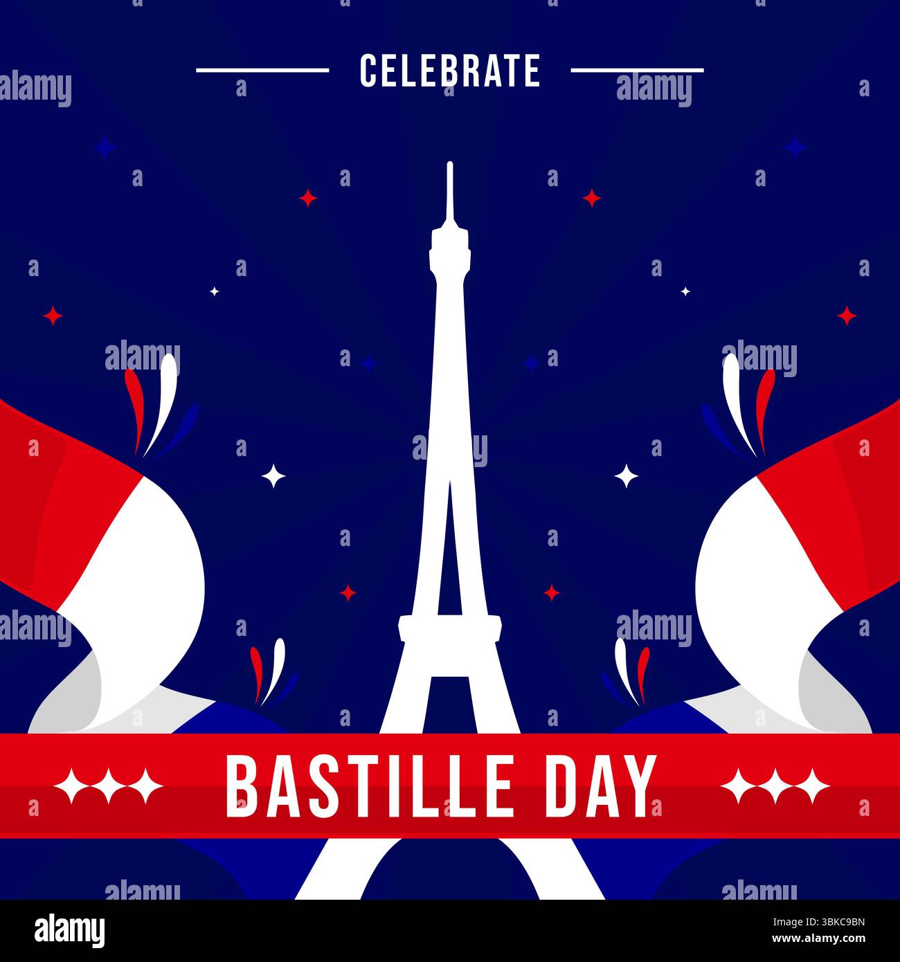Bastille Day – Grußvorlage. Frankreich Flaggenhintergrund perfekt für die Feier des Bastille-Tages am 14. Juli. Happy Bastille Day Social Media Post Stock Vektor