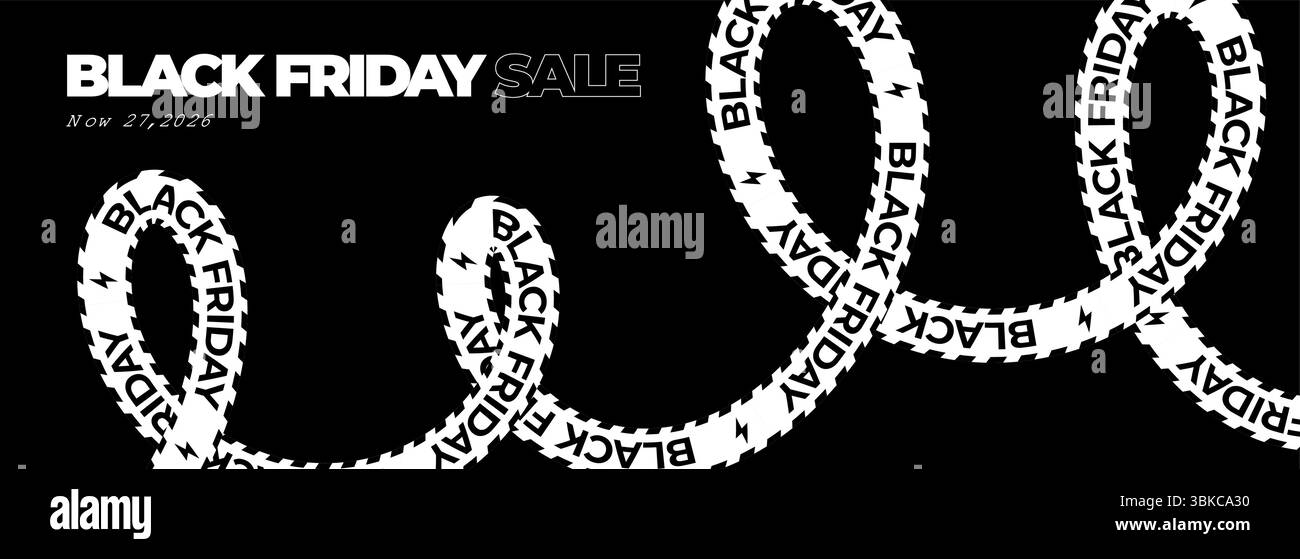 Black Friday Sale Banner, weißer Text auf dunklem BG. Werbedesign für E-Commerce, Werbung, Ladenkampagne, Online-Rabattveranstaltung. Kurvenanzeige Stock Vektor