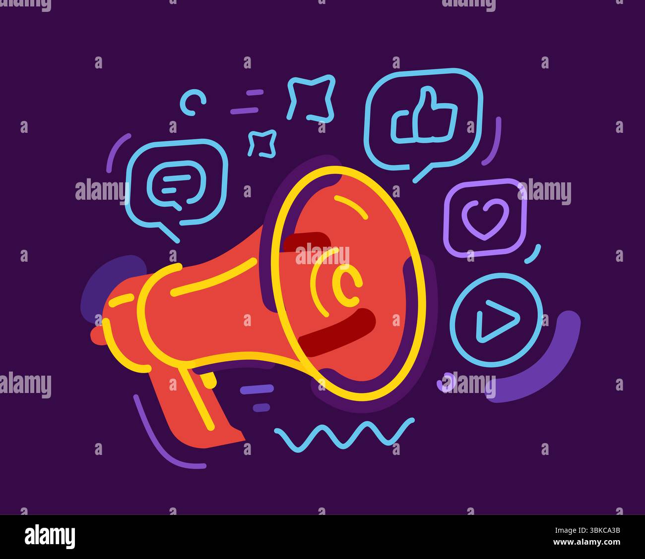 Digitales Megaphon mit Mediensymbolen. Internet-Kommunikation und -Einfluss, Live-Streaming, soziale Netzwerke Stock Vektor