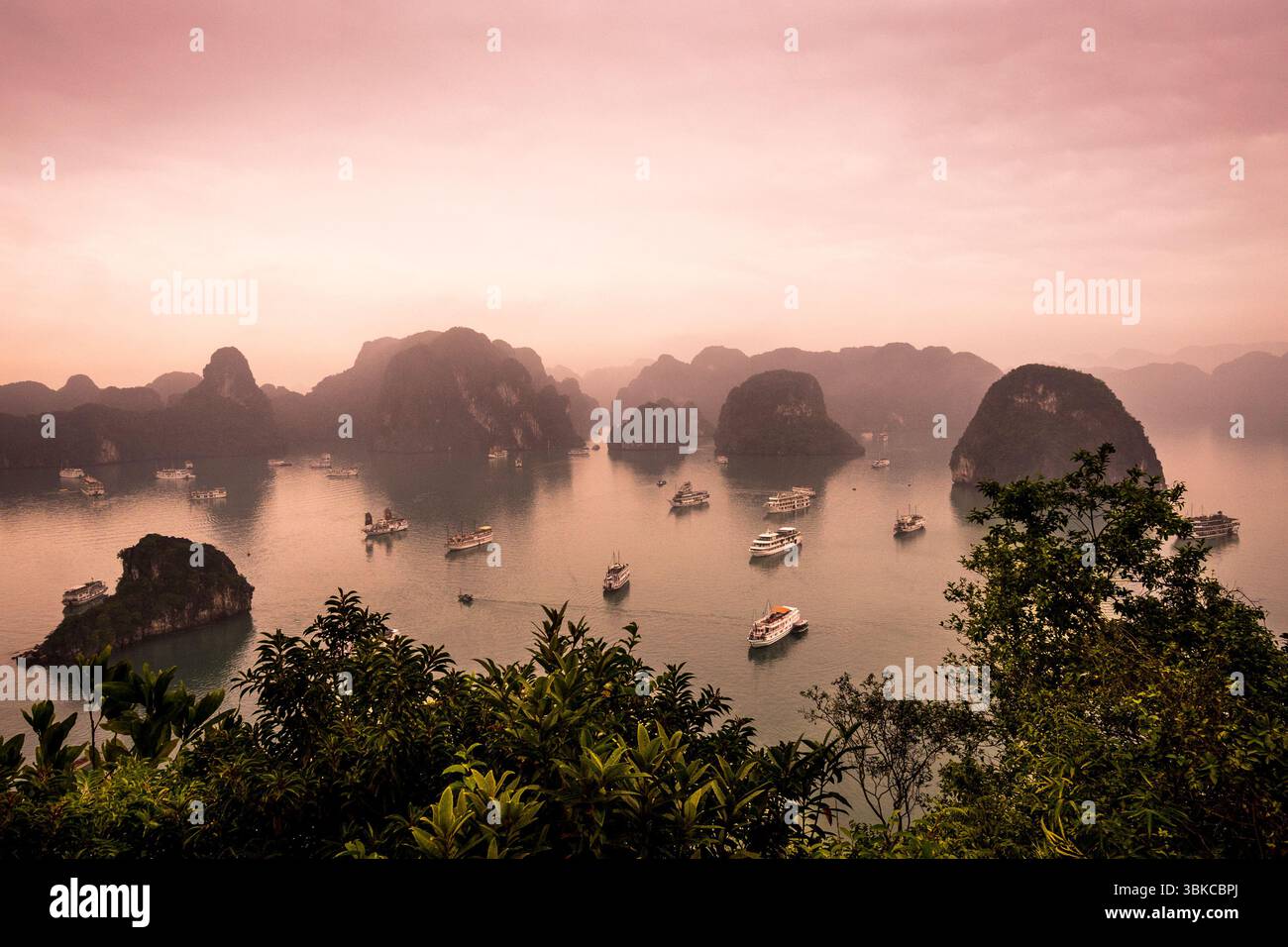 Blick auf die Baots in der Ha Long Bay von Ti Top Island Stockfoto