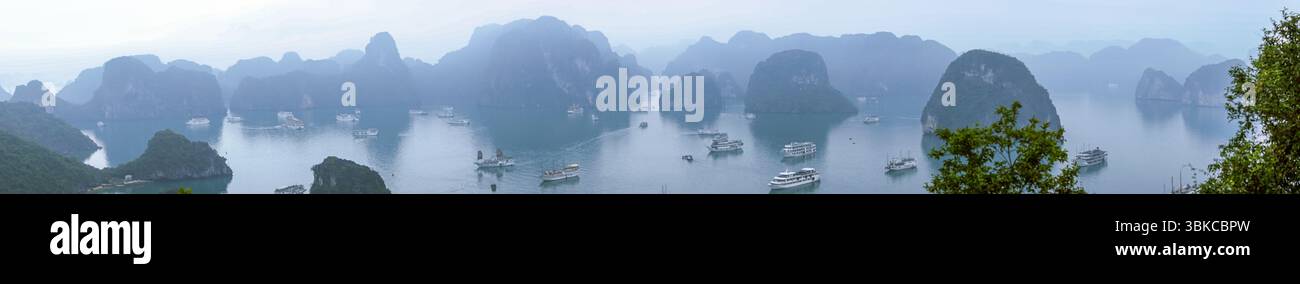 Blick auf die Baots in der Ha Long Bay von Ti Top Island Stockfoto