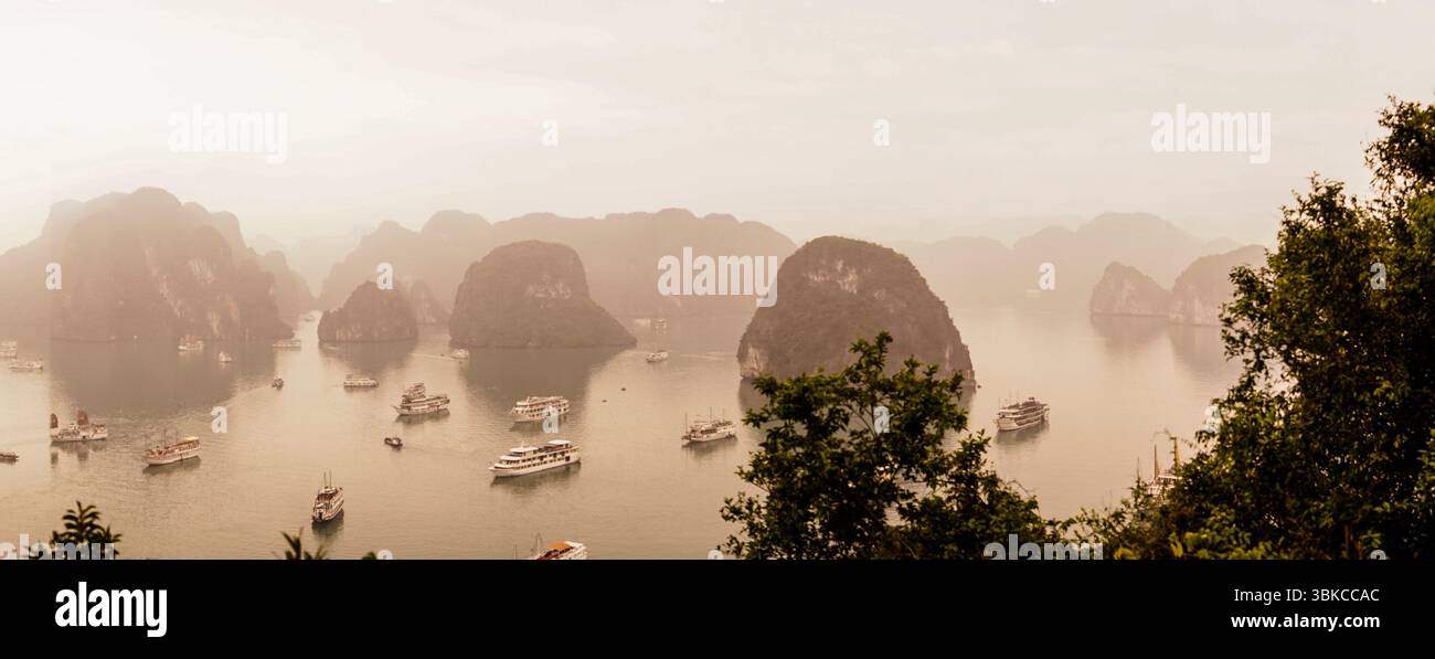 Blick auf die Baots in der Ha Long Bay von Ti Top Island Stockfoto