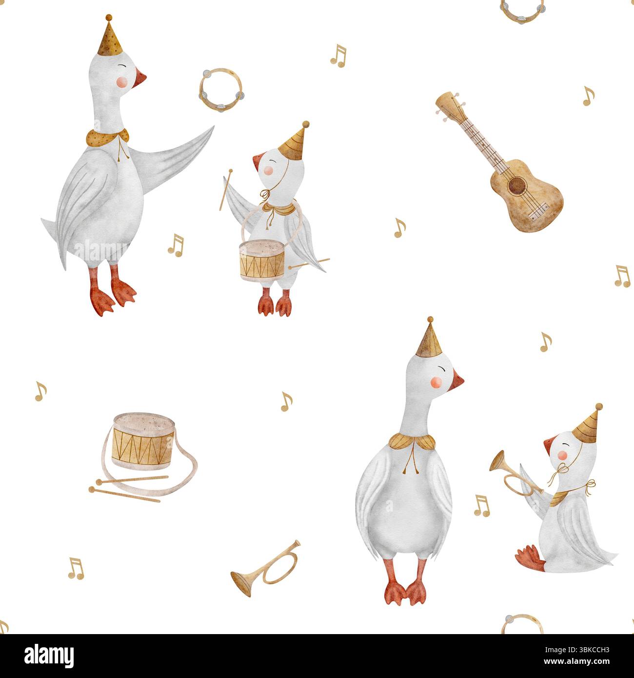 Gänsemusiker Aquarellmuster, Noten, Musikinstrumente Gitarre, Schlagzeug, Trompete. Handgezeichnete Abbildung. Nahtloser Aufdruck im Kinderstil Stockfoto