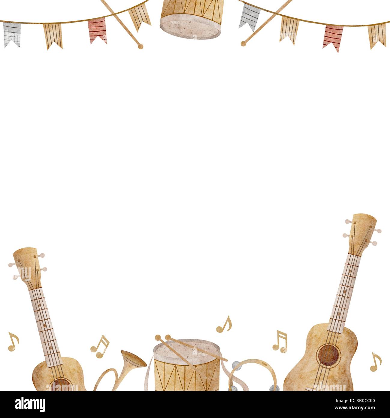 Rahmen Musikinstrumente Aquarell, handgezeichnete Illustration Gitarre Trompete Noten Girlande festlich. Vorlagenquadrat für Einladungsdesign Stockfoto