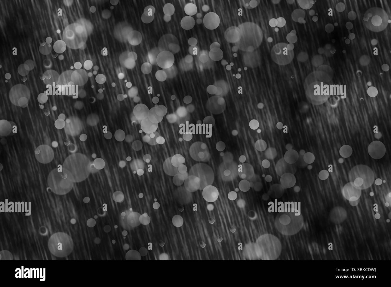 Abstrakte, flache Illustration, die Starkregenstreifen und kreisförmige Bokeh-Lichter in Grautönen zeigt Stockfoto