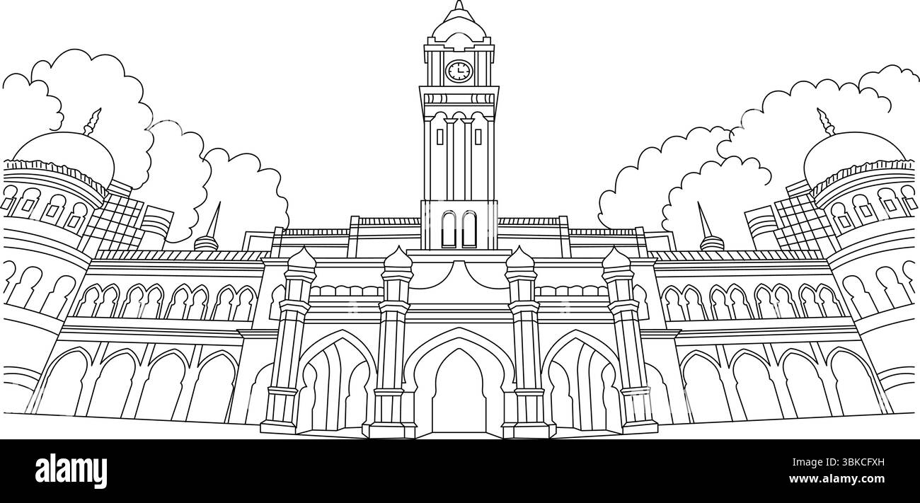 Eine schwarz-weiße Strichgrafik des Sultan Abdul Samad Building am Dataran Merdeka (Merdeka Square) in Kuala Lumpur, Malaysia. Dies Stock Vektor