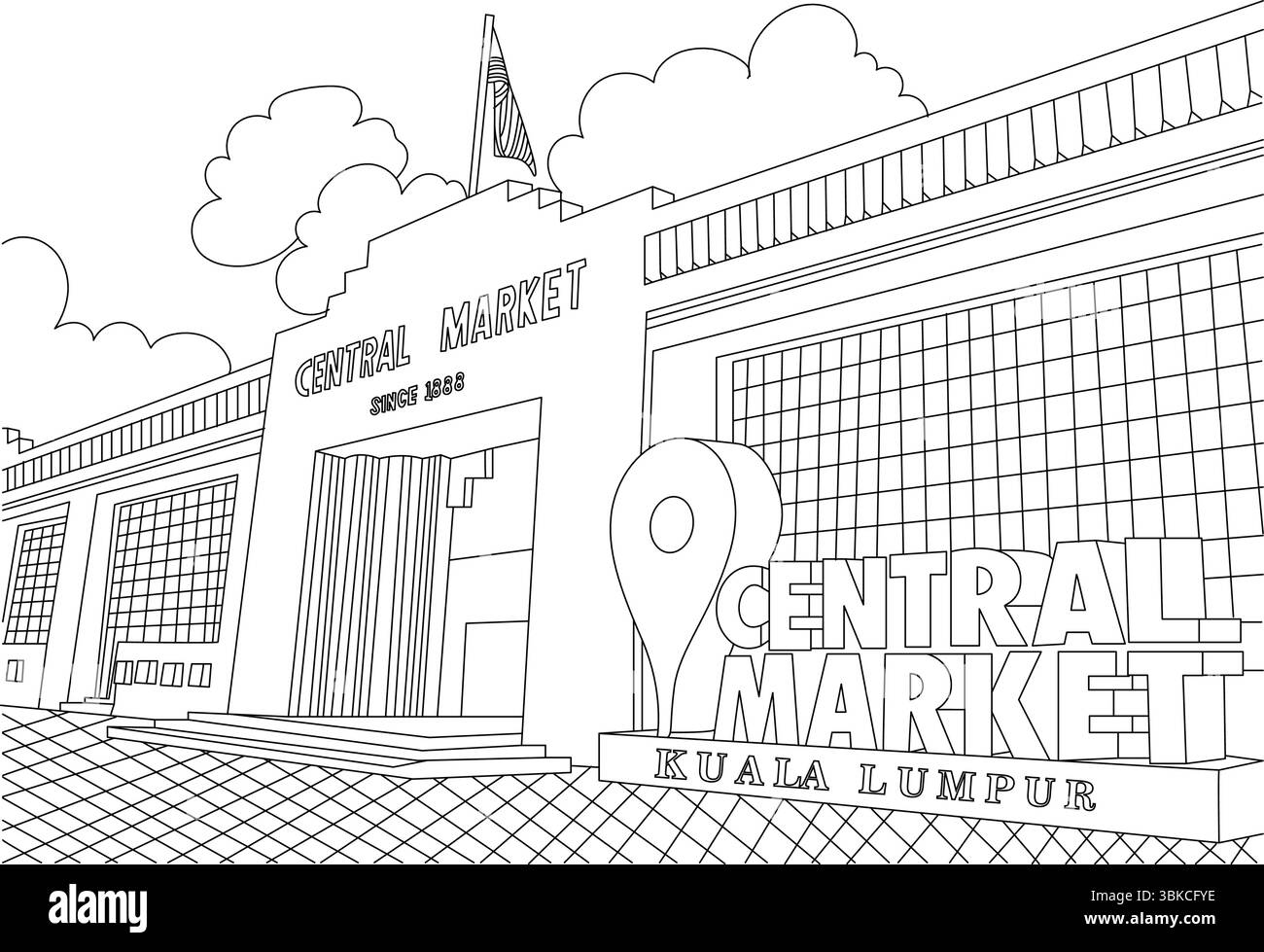 Umrissdarstellung des berühmten Gebäudes des Central Market (Pasar Seni) in Kuala Lumpur, Malaysia. Dieses historische Wahrzeichen wurde 1888 gegründet und ist ein po Stock Vektor