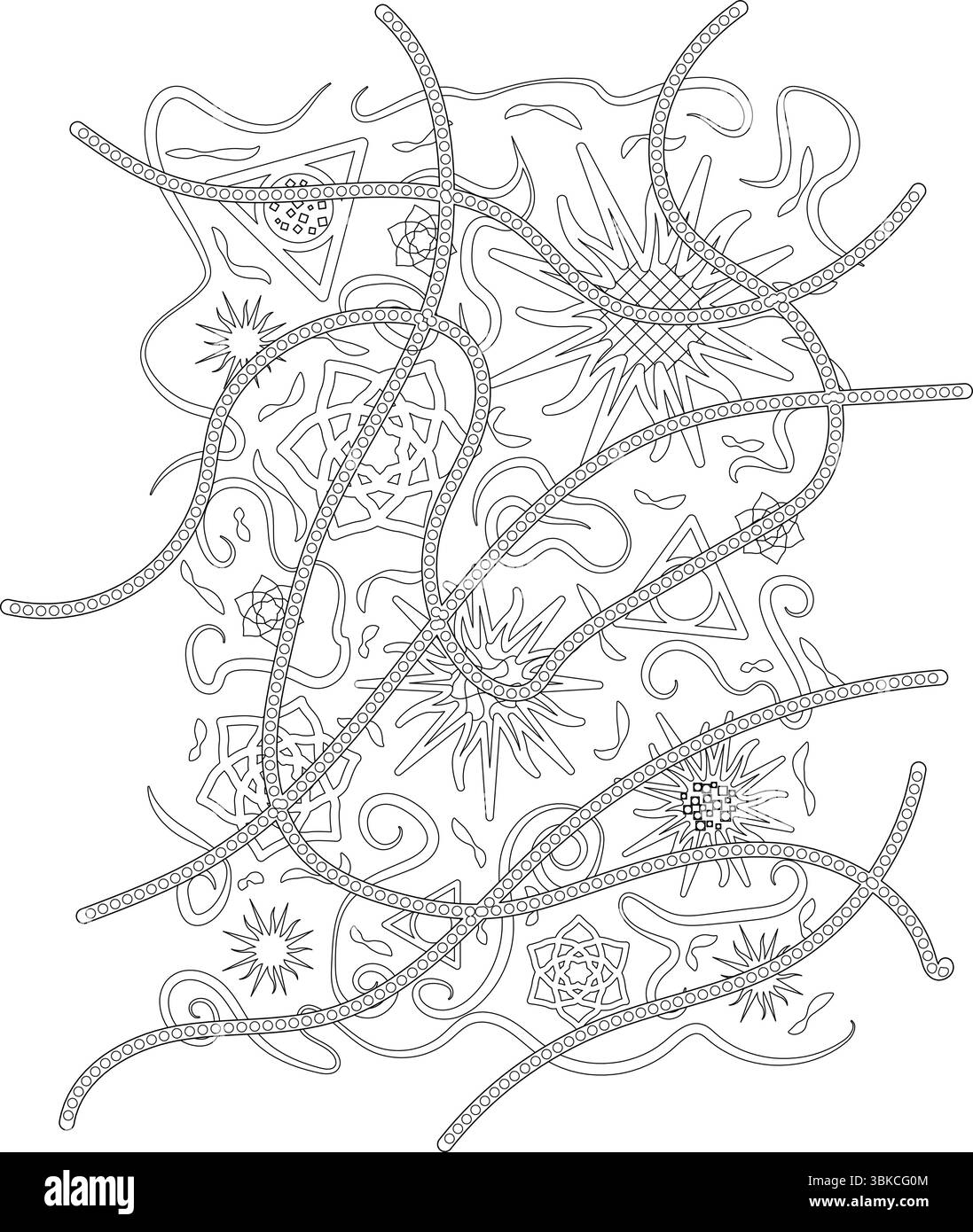 Komplexe schwarz-weiße Strichgrafik-Illustration mit komplexen abstrakten Mustern, Sternen, geometrischen Formen und fließenden Linien, die durch perlenbesetztes el verbunden sind Stock Vektor